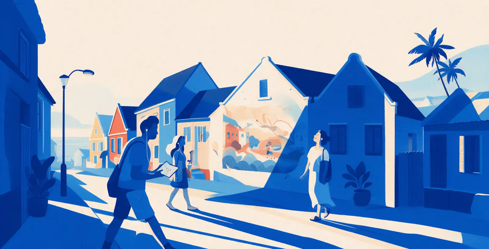Illustration: walkers with earphones in a colourful street in Otrobanda.