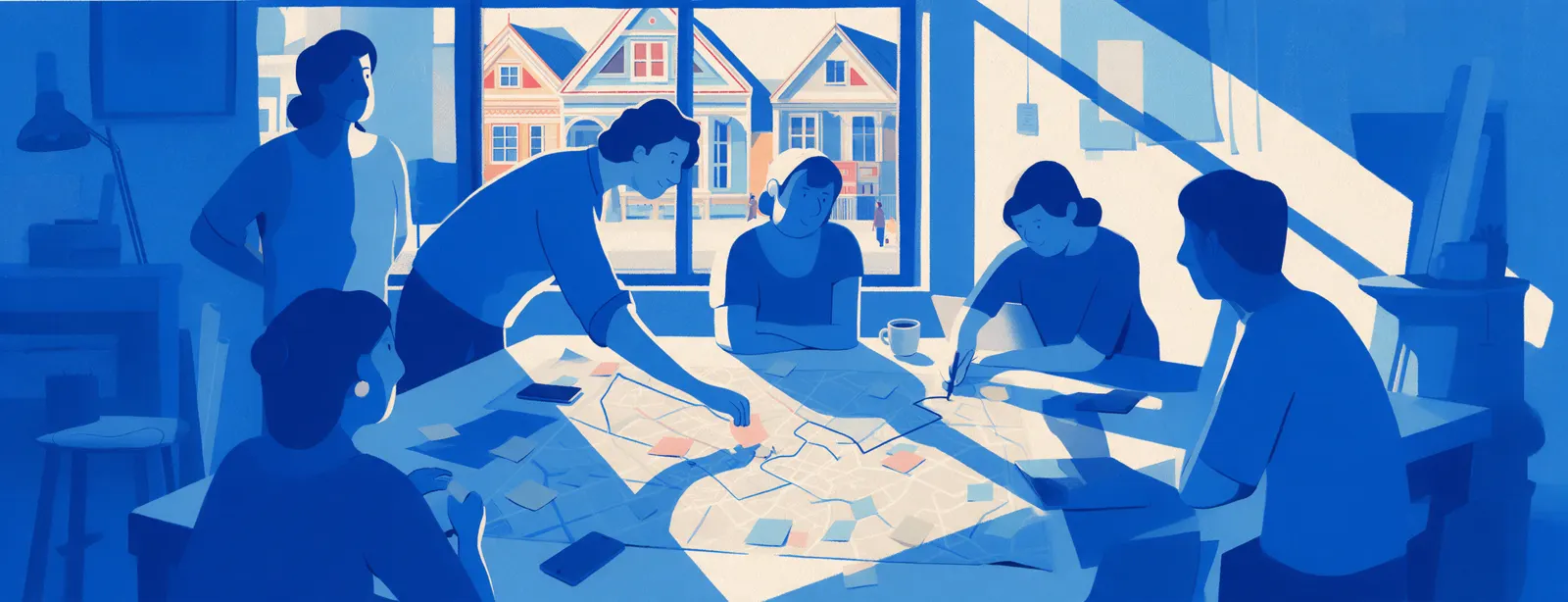 Illustration: the team around a table with a printed street map, sticky notes and phones.