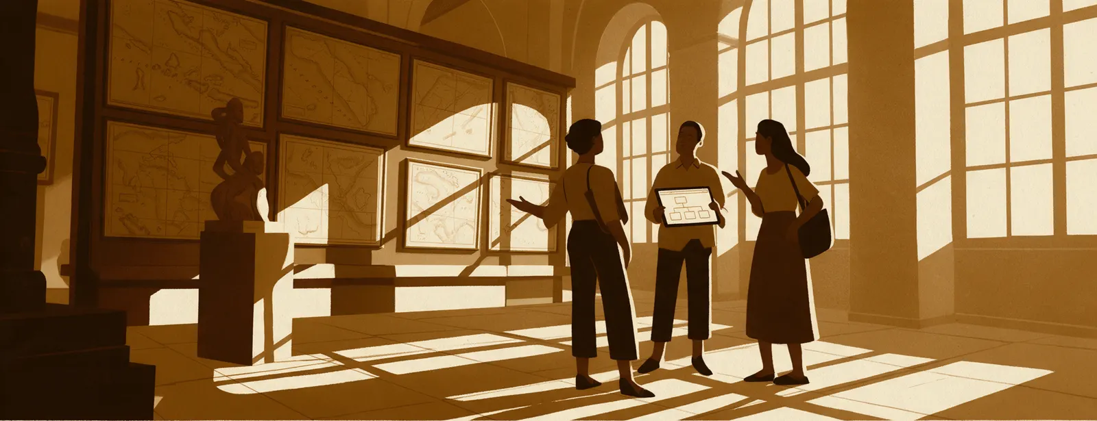 Illustration: three people in conversation in a museum gallery with historical maps, one holding a tablet with a sitemap.