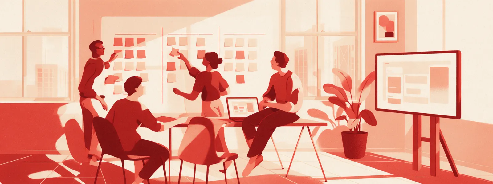 Illustration: a co-creation session, four people at a wall of cards grouped in columns, one moving a card.